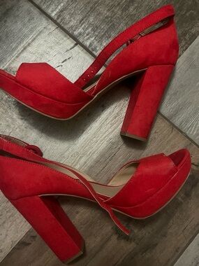 Sun + Stone Red Suede Platform Block Heels